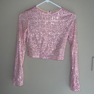 Sequin pink long sleeve crop top